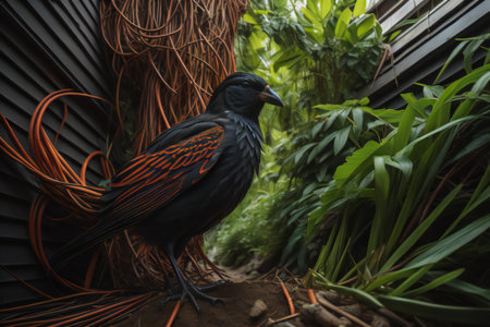Black bird with orange ribbon and green leaves in the garden background. generative aiの素材