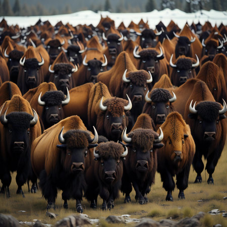 Bison herd on the grassland in Yellowstone National Park, generative aiの素材