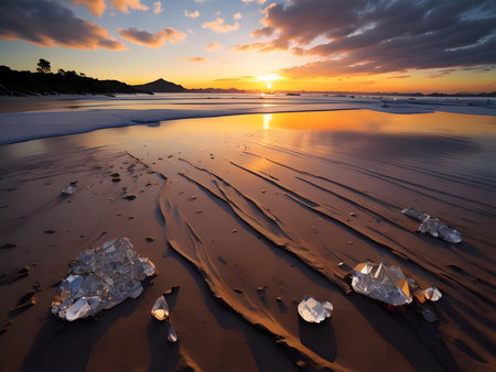 Sunset on the beach with ice in the foreground and beautiful sky. generative aiの素材
