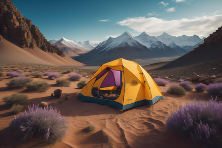 Camping in the desert. Computer digital drawing. ai generatedの素材