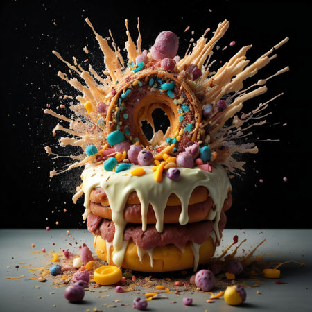 Colorful donuts with splashes on black background, closeup. generative aiの素材