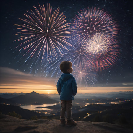 Little boy looking at fireworks in the night sky over the mountains. generative aiの素材