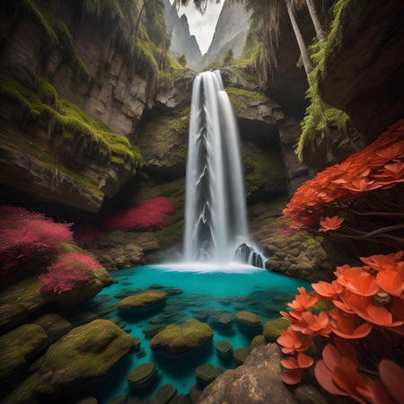 Beautiful waterfall with red flowers in the forest. generative aiの素材