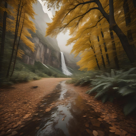 Autumn forest with a waterfall in the background. generative aiの素材