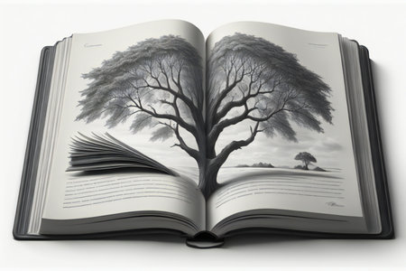Open book with tree in the middle on white background. generative aiの素材