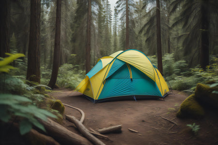 Camping tent in the forest. Camping in the woods. generative aiの素材