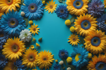 Colorful daisies on blue background. Flat lay, top view. generative aiの素材