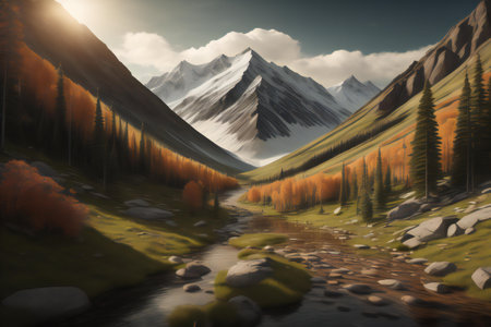 Mountain landscape with a river in the foreground. generative aiの素材