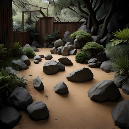 a Japanese garden with rocks and plants on sand. generative aiの素材