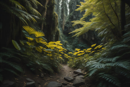 Landscape of tropical forest with yellow flowers in a misty morning. generative aiの素材