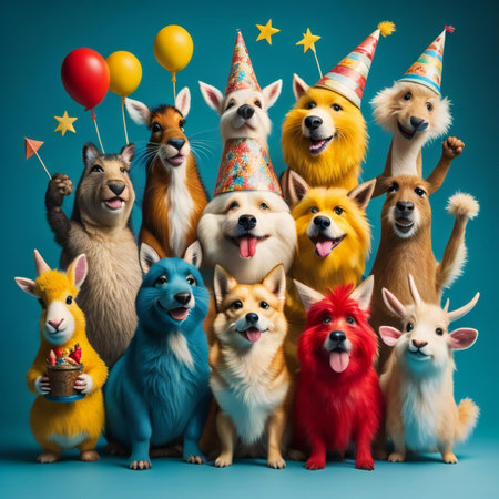 Group of animals with birthday party hats and balloons on blue background. generative aiの素材