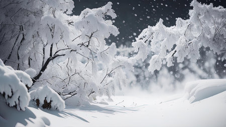 Winter forest with snow covered trees. Winter landscape with snowy trees. generative aiの素材