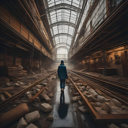 A young man walking in an industrial warehouse. generative aiの素材
