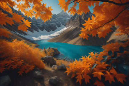 Beautiful autumn landscape with lake and mountains. generative aiの素材