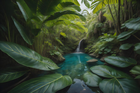 Tropical waterfall surrounded by lush vegetation in the rainforest. generative aiの素材