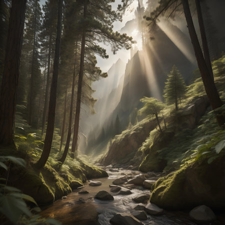 Foggy forest with a stream in Yosemite National Park, generative aiの素材