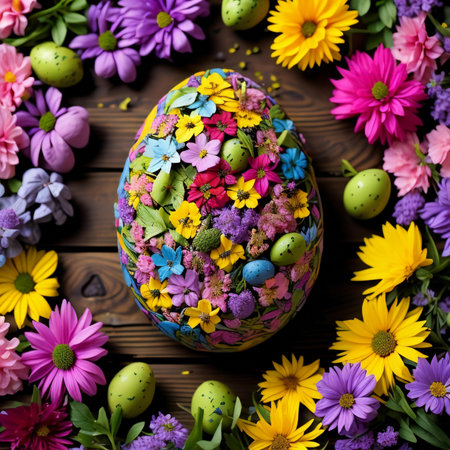 Colorful Easter eggs and spring flowers on wooden background. Top view. generative aiの素材