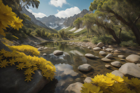 Mountain landscape with a lake and flowers in the foreground, generative aiの素材