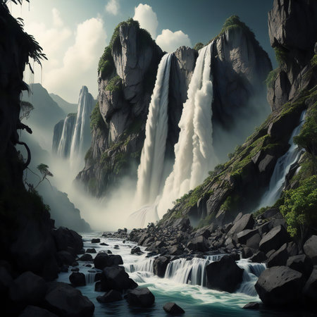 Beautiful waterfall in the jungle of South America. The concept of active and extreme tourism. generative aiの素材