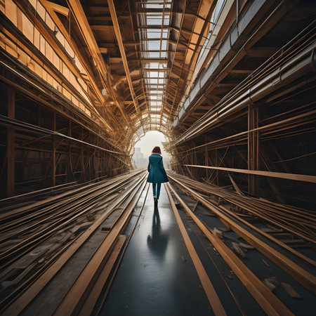 a woman walking in an industrial corridor. generative aiの素材