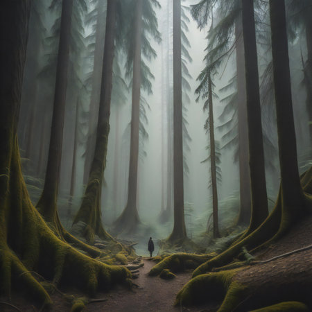 Mysterious forest with fog in the morning light. Halloween concept. generative aiの素材