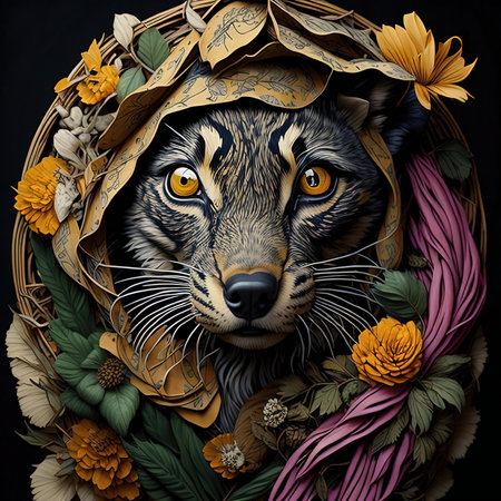Beautiful wild cat in a wreath of flowers on a black background. generative aiの素材