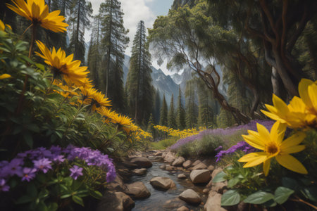 Beautiful landscape with a mountain river and flowers in the foreground. generative aiの素材