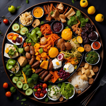 Healthy eating concept. Assortment of different vegetables and fruits. Top view. generative aiの素材