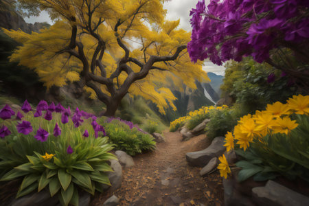 a path in a garden with flowers and trees. ai generatedの素材