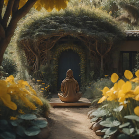 a little buddha sitting in a lotus garden. generative aiの素材