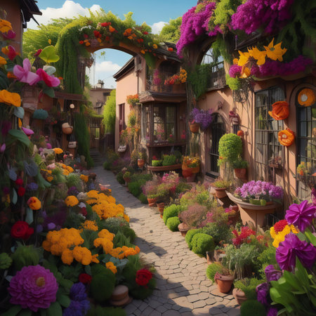 Beautiful flower garden on the street in the city, generative aiの素材