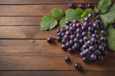 Bunch of fresh grapes on wooden table. Vintage style toned picture. ai generativeの素材