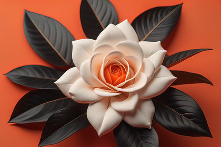 White rose with green leaves on a solid color background, top view. ai generativeの素材