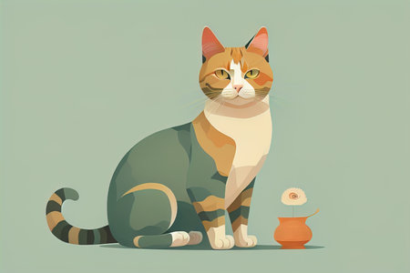 Cute cat sitting on the floor. Vector illustration in retro style. ai generativeの素材