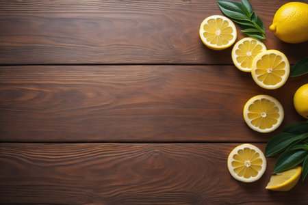 Lemon and slice of lemon on wooden background. Top view. ai generativeの素材