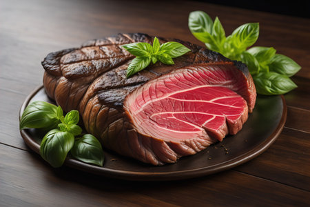 Raw beef sirloin steak with ingredients for cooking on wooden background. ai generativeの素材