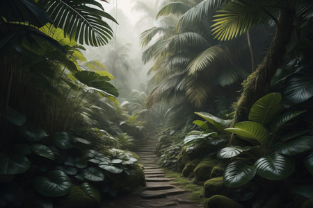 A pathway in tropical rainforest with palm trees and path in the mist. ai generativeの素材