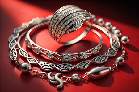 Silver necklace on a solid color background in close-up. ai generativeの素材