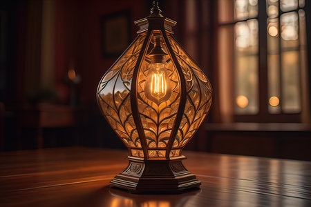 Lantern with glowing light on dark background. ai generativeの素材