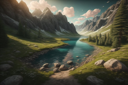 Beautiful fantasy landscape with a river in the mountains. ai generativeの素材