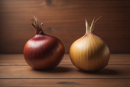 Three onions on a wooden table in front of a solid color background. ai generativeの素材