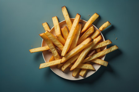 Golden French fries in a plate, top view. ai generativeの素材