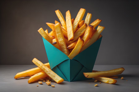 Appetizing french fries on the wooden table, close-upの素材