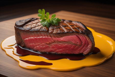 Raw beef sirloin steak with ingredients for cooking on wooden background. ai generativeの素材