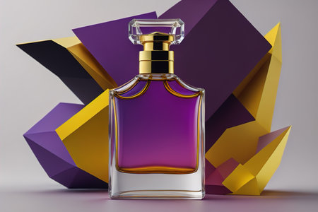Creative and brandless Perfume bottle and flower on the wooden table, closeup. ai generativeの素材