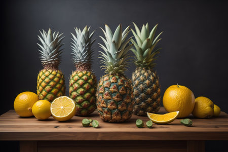 Pineapples on a wooden background. ai generativeの素材