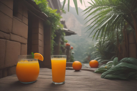 Glass of orange juice and fresh orange fruits. ai generativeの素材