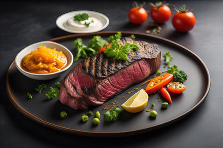Sliced beef steak with parsley on a plate. ai generativeの素材