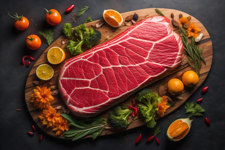 Raw beef sirloin steak with ingredients for cooking on wooden background. ai generativeの素材