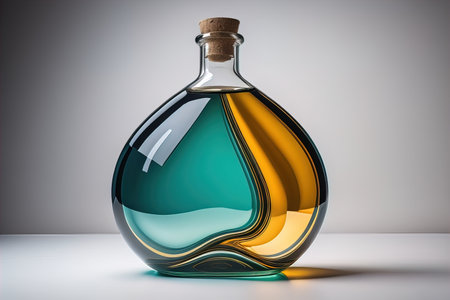 Bottle with a liquid on a solid color background. ai generativeの素材
